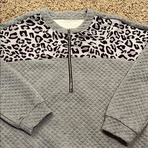 Gray Quilted 1/4 zip Sweatshirt with Leopard Print